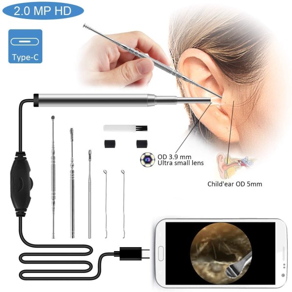 3.9mm Otoscope Inspection Camera 3 in 1 Ear Spoon Cleaning Tool 1.3MP Borescope Ear Endoscope Android Type C USB Phone