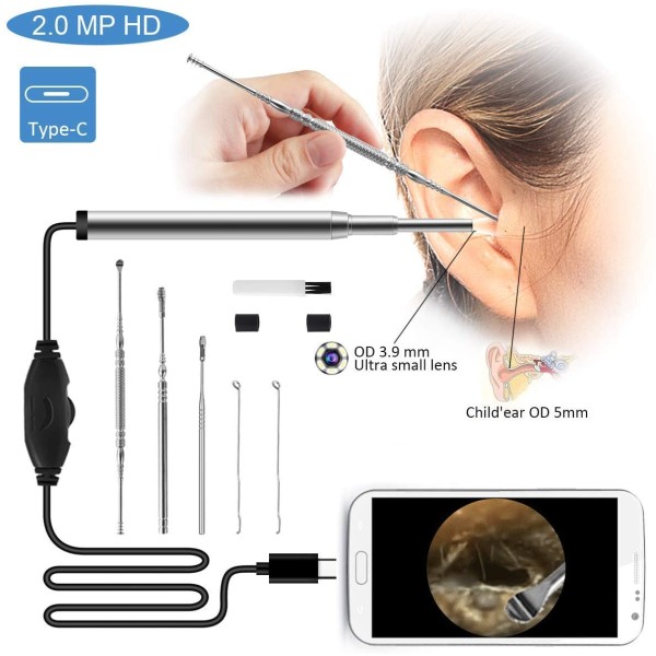 3.9mm Otoscope Inspection Camera 3 in 1 Ear Spoon Cleaning Tool 1.3MP Borescope Ear Endoscope Android Type C USB Phone