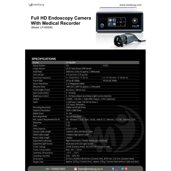 Full HD Laparoscopy & Endoscopy Camera Inbuilt USB Medical Recorder